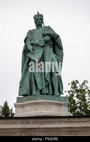 A statue of Andrew II of Hungary in the left colonnade of the Millennium Monument in Heroes Square, Budapest. Stock Photo