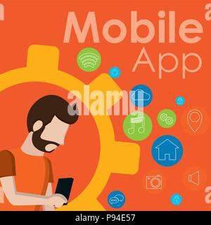 Young man using smartphone mobile apps vector illustration graphic design Stock Vector