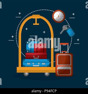 hotel luggage trolley stacked suitcases bag clock vector illustration Stock Vector