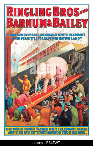 1927 U.S. advertising poster for Ringling Bros and Barnum & Bailey circuses, featuring the white elephant, Pawah. Stock Photo