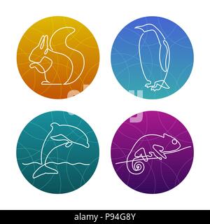 Set of 4 one line animals icons or logos. Squirrel, pinguin, dolphin, chameleon. Stock Vector