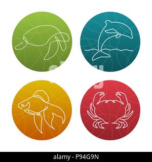 Set of 4 one line sea animals icons or logos. Turtle, gold fish, dolphin, crab Stock Vector