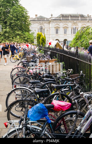 A long row of bicycles parked against railings with Kings College in background, Cambridge, UK Stock Photo