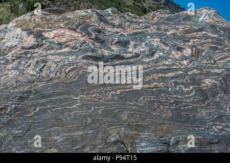 Partially melted and deformed granite, known as gneiss, Black Canyon Of The Gunnison National Park, Colorado Stock Photo