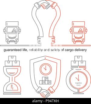 Logistics thin line icons. Business concept with lamp and handhsake. Stock Vector