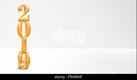Golden 2019 number (3d rendering) on white studio room backdrop,Leave copy space for adding text or display of product for holiday seasonal,New year a Stock Photo