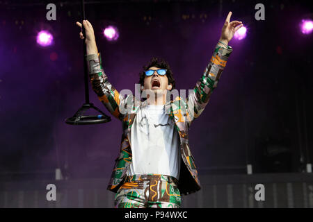 London, UK, 14 July 2018. Joe Jonas of DNCE performs on stage at Barclaycard present British Summer Time Hyde Park at Hyde Park on July 14, 2018 in London, England. Credit: Georgia Taylor/Alamy Live News Stock Photo