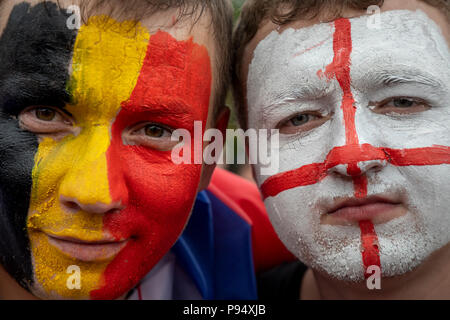 Moscow, Russia. 14th, July, 2018. Belgian and English football fans cheer Fan festival of Moscow during the game Belgium vs England of the World Cup FIFA 2018 Russia Stock Photo