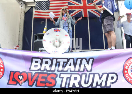 London, England. 14th July 2018. Pictured: Debbie Robinson (Australian Liberty Alliance). Despite police attempts to prevent the pro-Trump protest due to fears of violence from far-left counter protesters, supporters of Donald Trump assembled at midday outside the US Embassy in Vauxhall, London to welcome him on his visit to the UK. Credit: Richard Milnes/Alamy Live News Stock Photo