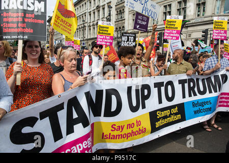 London, UK. 14th July, 2018. Anti-racists attend a Unity rally organised by Stand Up To Racism in protest against the Free Tommy march by supporters of former English Defence League leader Tommy Robinson and against the visit to the UK by US President Donald Trump. Credit: Mark Kerrison/Alamy Live News Stock Photo