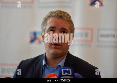 Florida, USA. 14th July 2018. PHOTO CREDIT MUST READ - Jungle Island Photos -@JungleIslandPhotos  MIAMI, FL - JULY 14: Colombian President-elect Ivan Duque Press Conference at Jungle Island Miami. Duque picked Jungle Island Miami to throw a rally and party for his supporters..  Iván Duque Márquez is a lawyer and politician who is the President-elect of the Republic of Colombia. Jungle Island is a newly relaunched eco-adventure park and is hom Credit: Storms Media Group/Alamy Live News Stock Photo