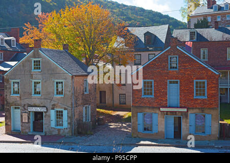 HARPERS FERRY, WEST VIRGNIA, USA – OCTOBER 24, 2017: Shops along a street in the late autumn afternoon in historic town located at the foothill of App Stock Photo