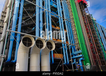 Detail of the Modern  high-tech architecture of the Centre Georges Pompidou, with colorfull pipes in Paris, France. The building was designed by archi Stock Photo