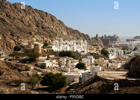 OMAN, Old Muscat with two Portuguese forts, Fort Jalali (on the coast) and Fort Mirani Stock Photo