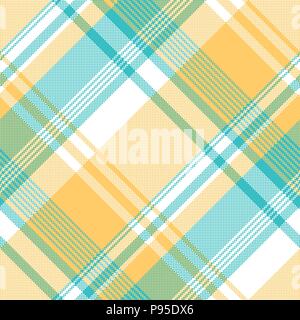 Yellow Blue Lite Color Pixel Plaid Seamless Fabric Texture. Vector 