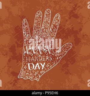 International Left Handers Day. Concept of a social holiday. 13 August. Hand lettering with the name of the event. Silhouette of the left hand, doodle Stock Vector