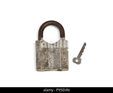 Hinged closed metal lock with key, white background Stock Photo - Alamy