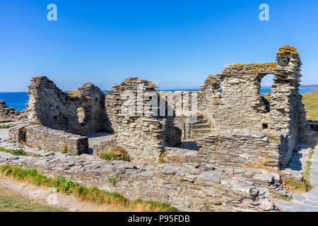 Remains of Tintagel castle on Tintagel island, archaeological interest site, Tintagel, Cornwall, England, UK Stock Photo