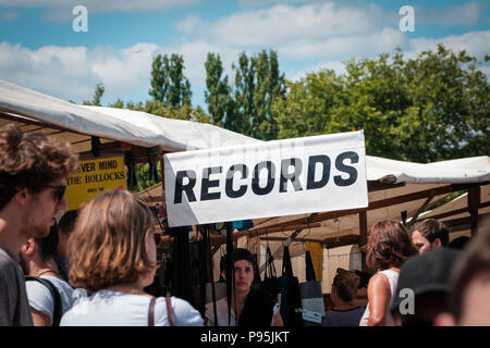 Berlin, Germany - july 2018: A sign saying 'records' at  booth selling vinyl records at  flea market ( Mauerpark Flohmarkt)   in Berlin , Germany Stock Photo