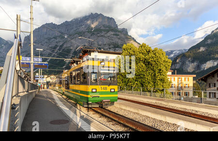 Yellow and green Wengernalpbahn (Wengernalp Railway) train to Grund in Grindelwald station, Jungfrau region, Bernese Oberland, Switzerland Stock Photo