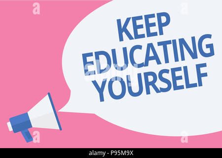 Word writing text Keep Educating Yourself. Business concept for dont stop studying Improve yourself using Courses Megaphone loudspeaker speech bubble  Stock Photo