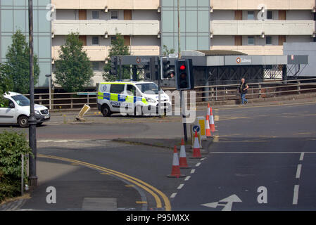 traffic cones police  van cordon at cowcaddens subway blocking  road access  garscube road Glasgow Stock Photo