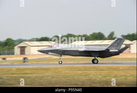 A U.S. Air Force F-35A Lightning ll lands after a flight at the 2018 Royal International Air Tattoo, RAF Fairford, United Kingdom, July 13, 2018. This year’s RIAT celebrated the 100th anniversary of the Royal Air Force and highlighted the United States’ ever-strong alliance with the U.K. (U.S. Air Force photo by Senior Airman Chase Sousa)