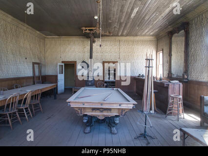 The interior of a hotel saloon and pool room in the abandoned Old West town of Bodie, California, now a State Park in California. Stock Photo