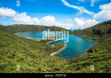 Panoramic view of Fogo lake in Sao Miguel Island, Azores, Portugal Stock Photo