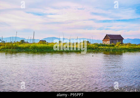 Watch floating farms on Inle Lake with old wooden and straw stilt houses among the greenery, Ywama, Myanmar. Stock Photo