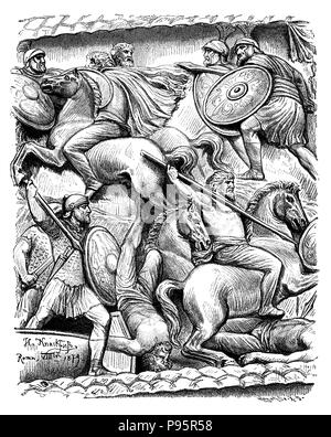 Germanic horsemen fighting with Roman legionaries. Relief of the Colonna Antonina in Rome, H. Knackfuß  1899 Stock Photo