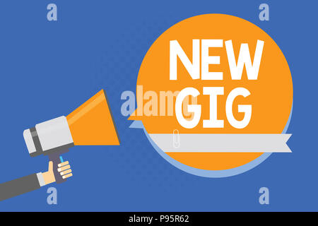 Text sign showing New Gig. Conceptual photo getting job Attending live Concert Gigabyte Freelancer offer Man holding megaphone loudspeaker orange spee Stock Photo