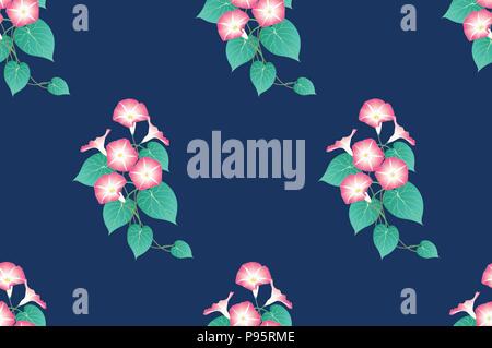 Pink Morning Glory Seamless on Indigo Blue Background. Vector Illustration. Stock Vector