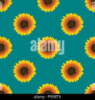 Sunflower Seamless on Green Teal Background. Vector Illustration. Stock Vector