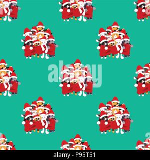 Cats with Santa Hat Bouquet Present on Green Teal Background. Vector Illustration. Stock Vector