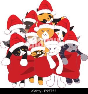 Cats with Santa Hat Bouquet Present. Vector Illustration. isolated on White Background. Stock Vector