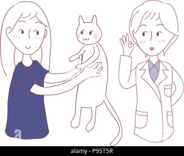 Girl bring Cat to meet Vet. Vector Illustration. isolated on White Background. Stock Vector