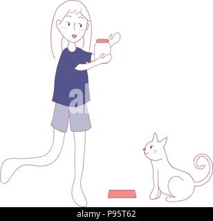 Cat Waiting for Girl Feeding Food in Meal Time. Vector Illustration. isolated on White Background. Stock Vector