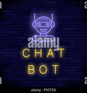 Neon Chat Bot. Artificial Intelligence Concept. Cute Smiling Chatbot Icon. Robot Virtual Assistance. Stock Vector