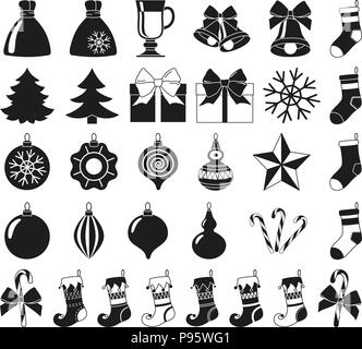 Black and white 32 christmas elements silhouette set. New year holiday decorations. Vector illustration for icon, logo, sticker, patch, label, badge,  Stock Vector