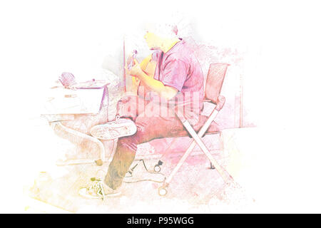 Abstract beautiful playing acoustic Guitar in the foreground on Watercolor painting background and Digital illustration brush to art. Stock Photo