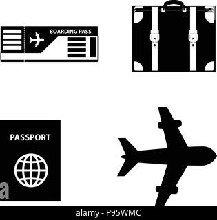 Vector black and white silhouette illustration of summer travel icon set collection isolated on white background. Luggage, boarding pass ticket, plane Stock Vector