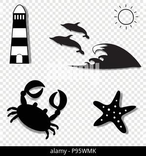 Vector black and white silhouette illustration of summer travel sea icon set isolated on transparent background. Lighthouse, dolphins, crab, starfish. Stock Vector