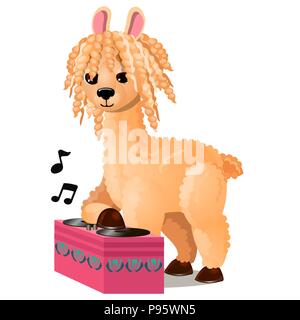 Cute llama or lama glama listening to music isolated on white background. Vector cartoon close-up illustration. Stock Vector
