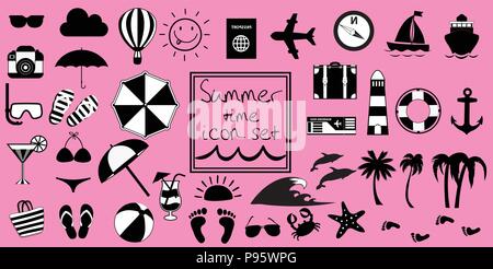 Vector black and white summer travel or vacation beach big icon set isolated on pink background. Monochrome clip art icons for design. Simple silhouet Stock Vector