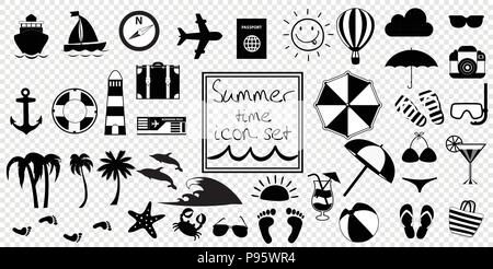 Vector black and white summer travel or vacation beach big icon set isolated on transparent background. Monochrome clip art icons for design. Simple s Stock Vector