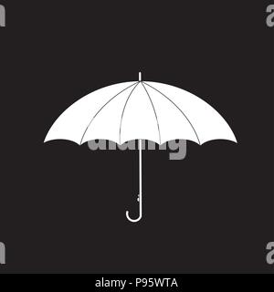 Vector white silhouette illustration of umbrella side view icon isolated on black background. Stock Vector