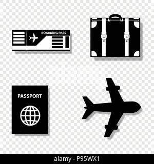Vector black and white silhouette illustration of summer travel icon set collection isolated on transparent background. Baggage, boarding pass ticket, Stock Vector