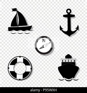 Vector black and white silhouette illustration of summer travel sea icon set isolated on transparent background. sailing ship, anchor, compass, lifebu Stock Vector