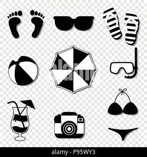 Vector black and white silhouette illustration of summer travel beach icon set isolated on transparent background. Photo camera, flip flops, umbrella, Stock Vector